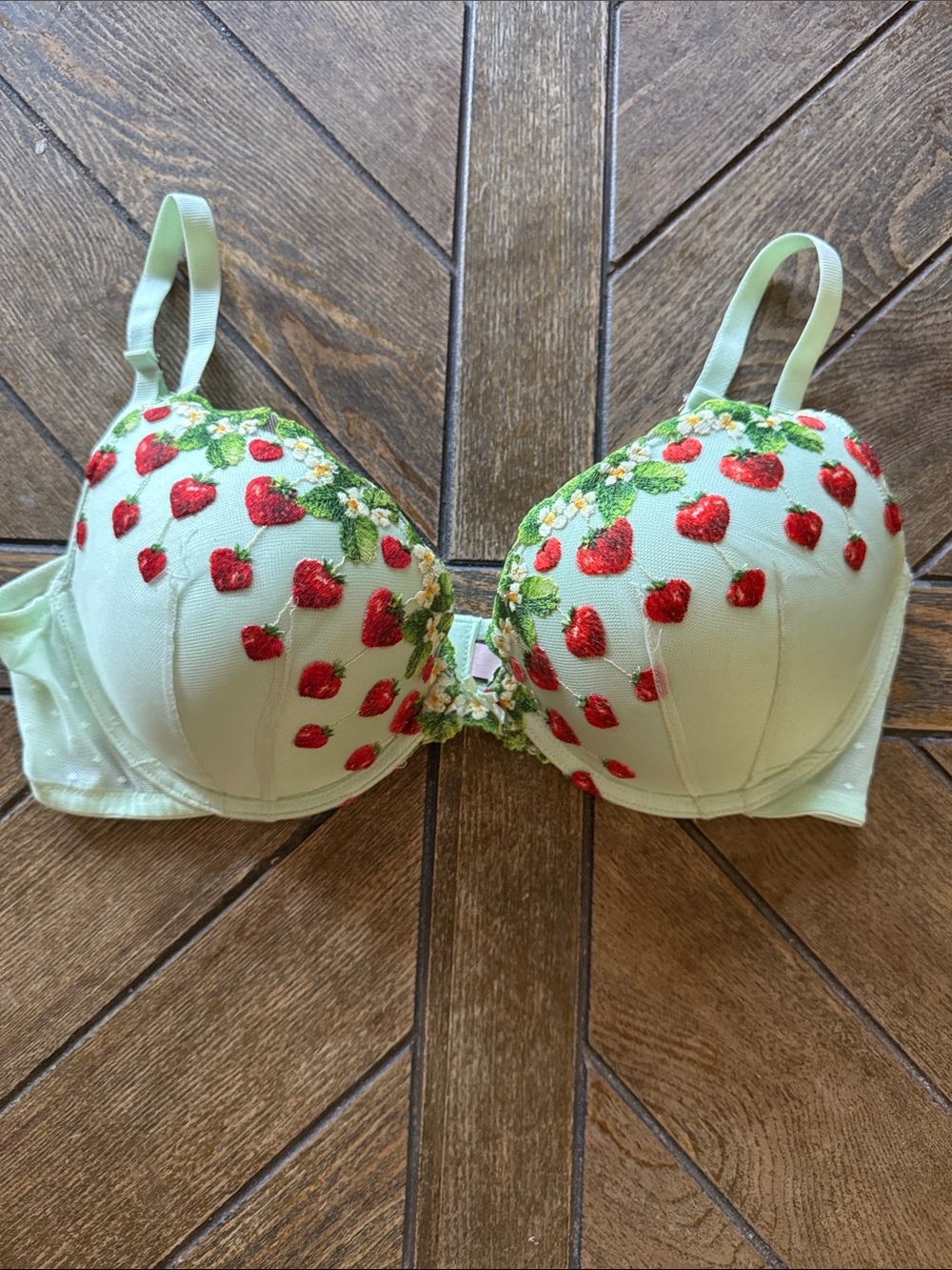 Victoria's Secret Light Green Strawberry Embroidered Push-Up Bra